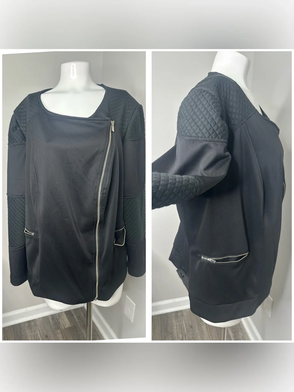 NY Collection Black Asymmetrical Zip Quilted-motor style Jacket-2X